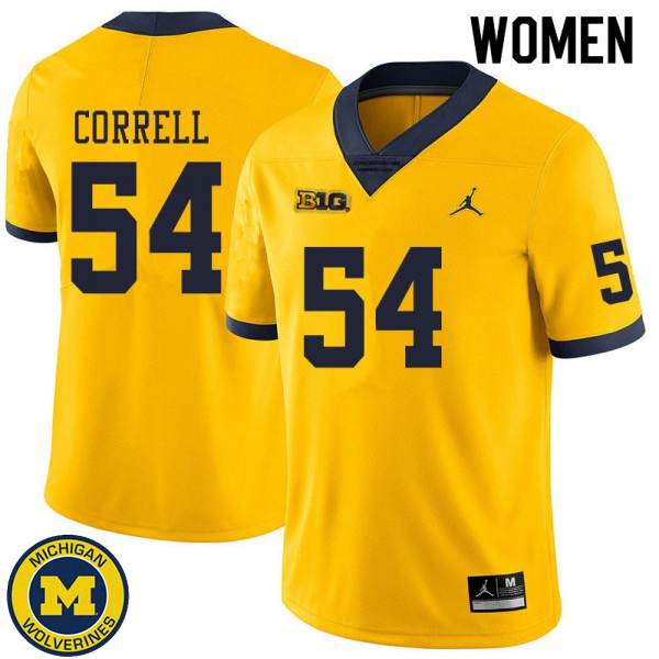 Womens University of Michigan #54 Kraig Correll Yellow Official Game Football Jersey